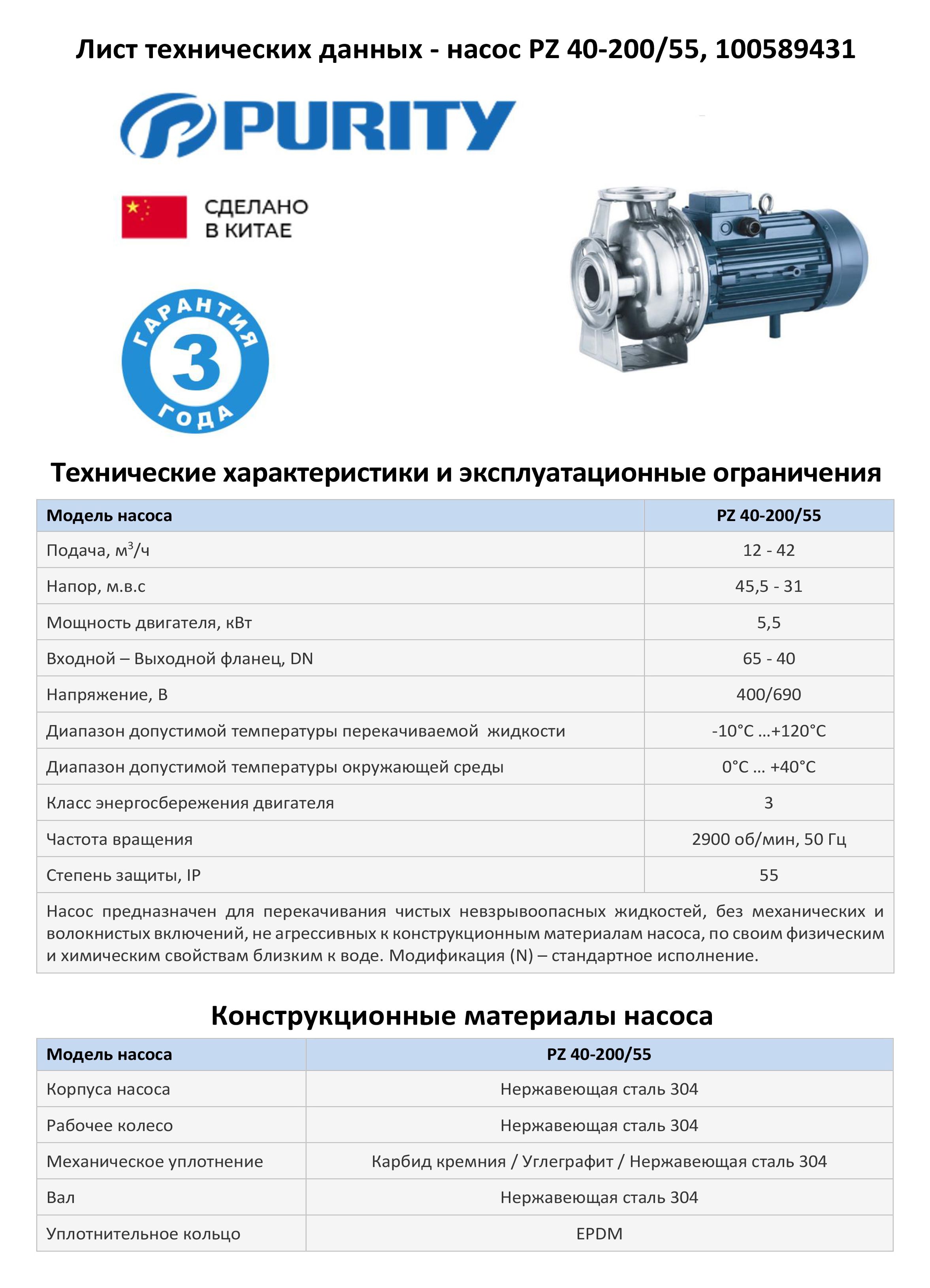 Моноблочный насос из нержавеющей стали PURITY PZ 40-200/55 (N)