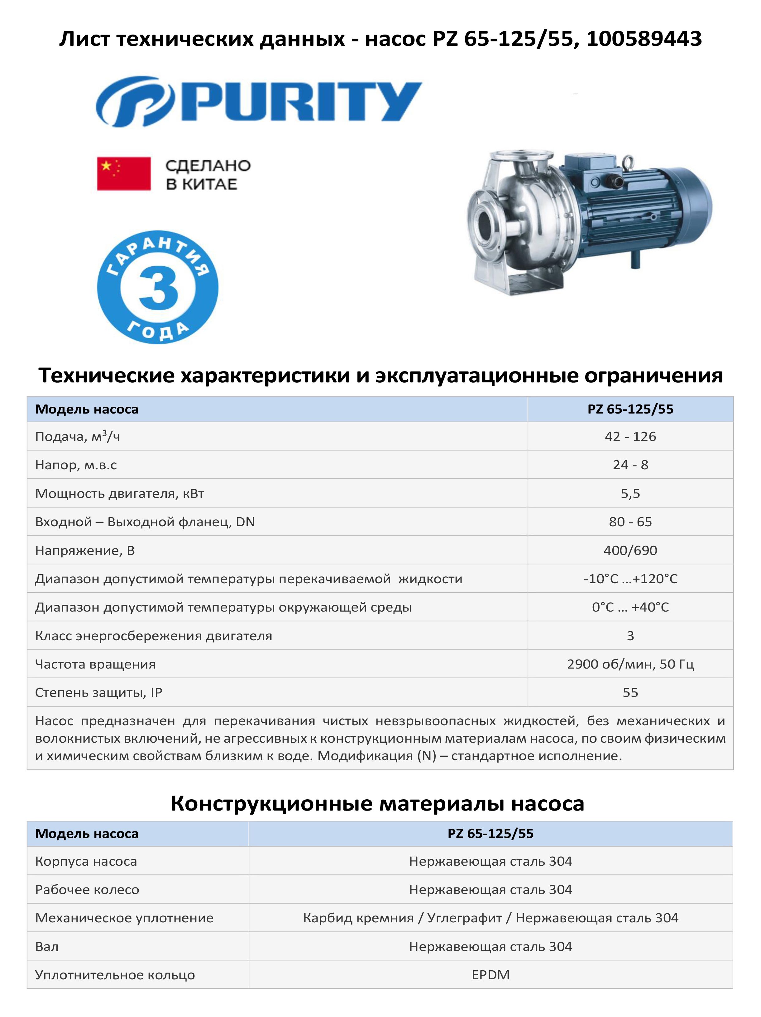 Моноблочный насос из нержавеющей стали PURITY PZ 65-125/55 (N)