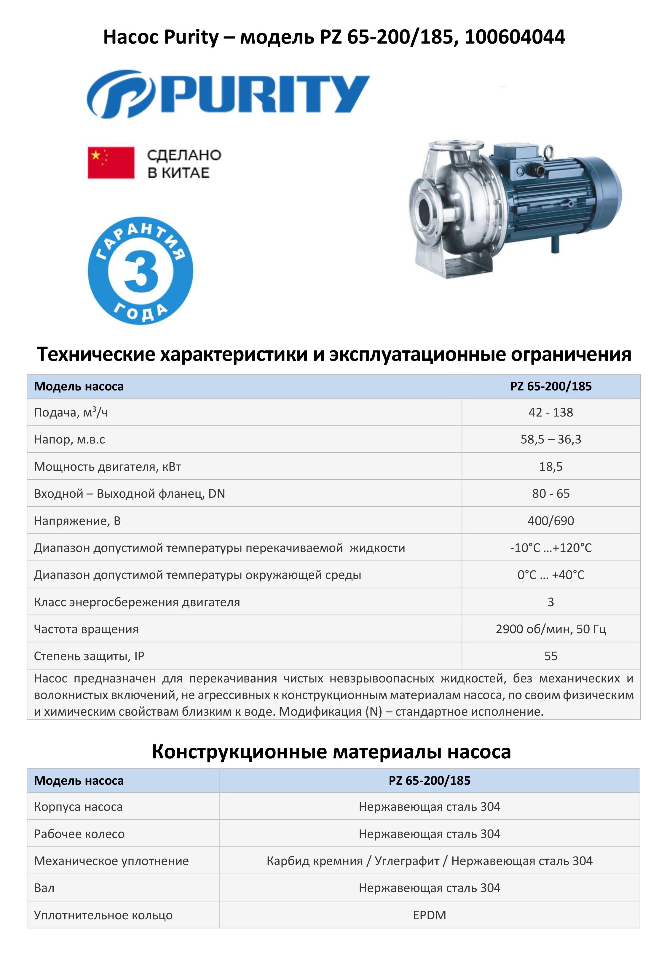Моноблочный насос из нержавеющей стали PURITY PZ 65-200/185 (N)